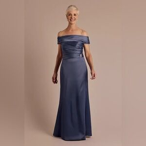 Oleg Cassini Off Shoulder Satin Pleated Sheath Dress Gown Mother of Bride Groom